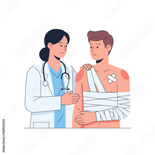 Female doctor comforting male burn victim with bandaged arm  