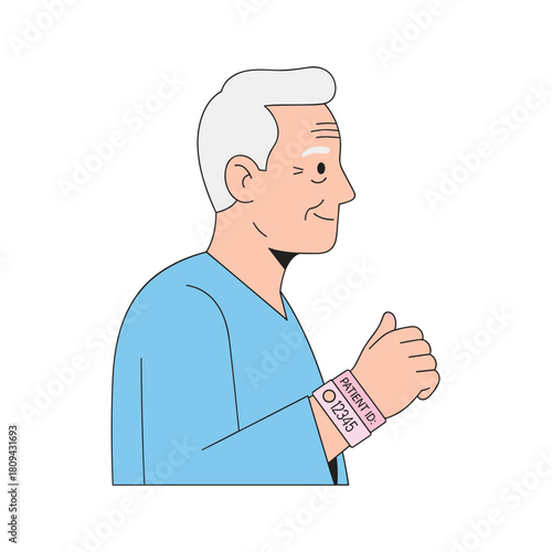 Elderly man in hospital gown showing medical bracelet on wrist  