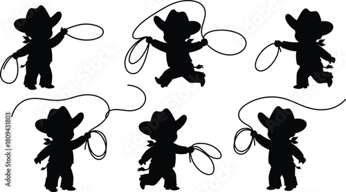 Silhouette of little cowboys playing with lasso ropes, western children fun activity, rodeo theme design, country lifestyle concept, vector illustration art