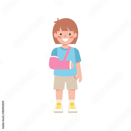 Young child smiling with arm in pink cast standing on white background  