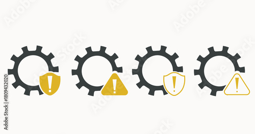A set of vector icons featuring gear and cogwheel symbols combined with warning signs. Designed in a clean minimalist style, suitable for illustrating system errors, maintenance alerts, industrial haz