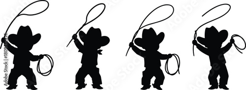 Silhouette of little cowboys playing with lassos, western children fun activity, rodeo theme concept, country lifestyle entertainment, vector illustration design for kids