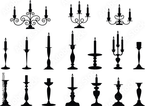 Silhouette set of vintage candlesticks and candelabras, antique black candle holders, retro interior decor vector illustration, isolated on white background