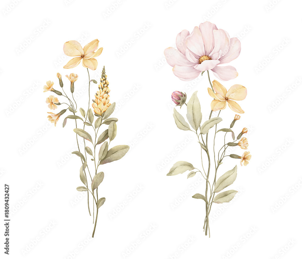 Fototapeta premium Watercolor set with delicate bouquets of green plants, blossom yellow and pink flowers. Hand-drawn design compositions for your cards, banners, poster or floral print. Isolated aquarelle illustration.