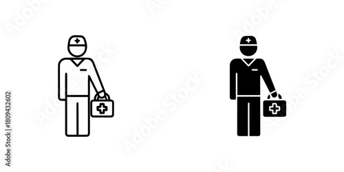 Line art icon of doctor with first aid kit isolated on symbol of medical care