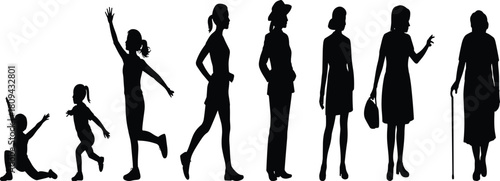 Silhouette set of female life cycle stages, from baby girl to elderly woman, human aging concept, vector isolated on white