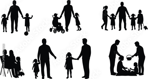Silhouette of parents and children spending time together, family activities, playing, walking, parenting, love, and care concept vector illustration design.