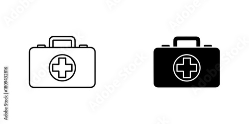 Illustration of a first aid kit with a cross symbol, in black and white isolated on