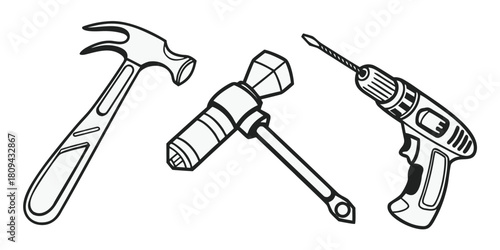 A claw hammer, a pipe wrench, and a cordless drill are displayed on a white background.