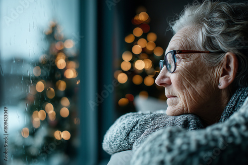 Fototapeta Naklejka Na Ścianę i Meble -  elderly woman sitting alone in her living room, looking out the window at the christmas tree and lights outside, feeling lonely during the holiday season. copy space. high-quality,