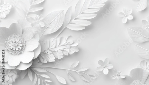 Close-up of layered white paper-cut floral arrangement. Soft shadows create dimension on white background