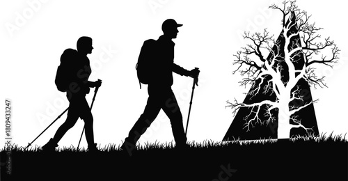 Black silhouette of couple hiking with backpacks and poles, adventure travel vector, nature camping tree graphic, isolated on white background