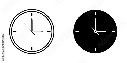 Illustration of a clock with hands showing the time, in black and white isolated on