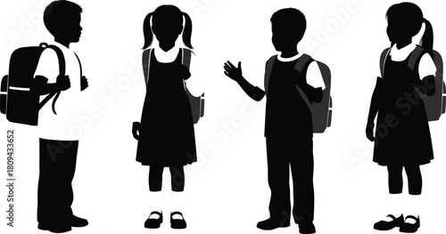 Silhouette of school children talking with backpacks, group of students standing together, education and learning vector illustration for classroom, study, and academic design
