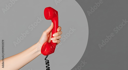 Get in touch with a vibrant red telephone receiver held by a hand, ready to connect and communicate with a classic style against a gray backdrop
