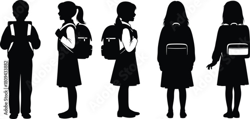 Silhouette of school children wearing uniforms and backpacks, standing and walking together, education and learning concept vector illustration for student design themes
