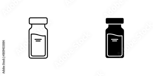 Medicine vial illustration showing the bottle in black and white isolated on