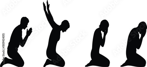 Collection of black vector silhouettes showing men and women kneeling in prayer, worshipping God, and crying in deep despair or repentance