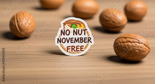 No Nut November concept featuring walnuts on wooden background. No Nut November abstinence with nuts arranged around symbolic sticker.