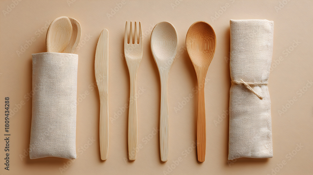 Naklejka premium Eco cutlery in fabric roll-up wrap on clean beige backdrop