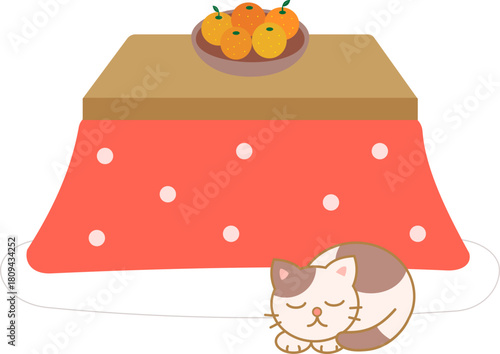 こたつで微睡む猫のイラスト　カラー