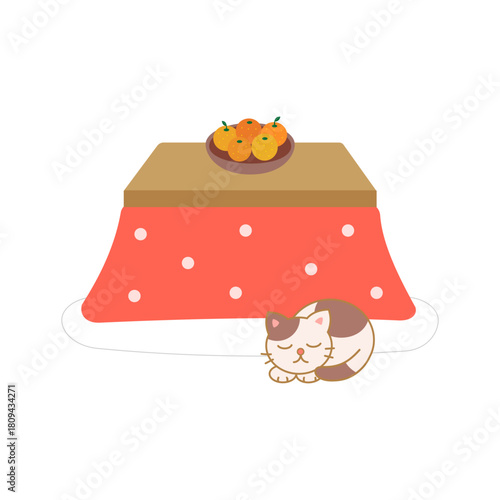 こたつで微睡む猫のイラスト　カラー