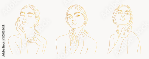 Vector set line  portrait of a beautiful woman's face in gold line art style,Continuous line drawing of woman,Golden beauty design portrait.Vector editable.	