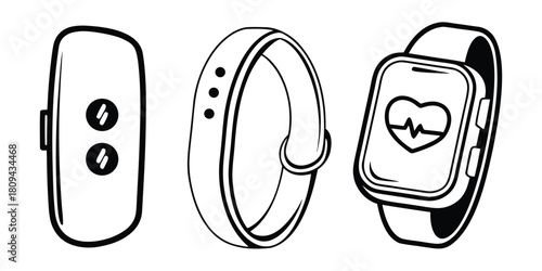 Three different fitness trackers are shown in a line, one with a heart rate display.