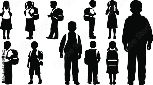 Silhouette of school children with backpacks standing and walking, education and learning concept vector illustration for academic, classroom, and student design themes