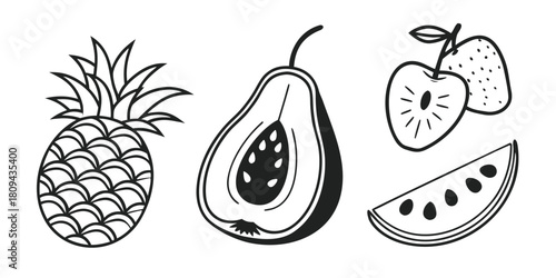 A collection of diverse fruits including pineapple, papaya, apple, and watermelon slices.