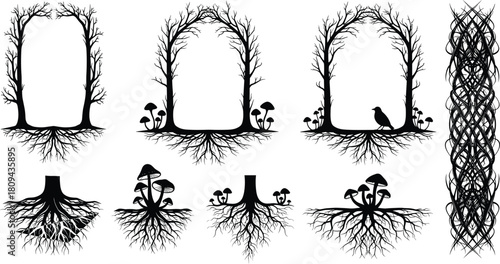 Spooky black tree silhouette frames with roots and mushrooms, gothic Halloween border set, isolated vector illustration design elements for scary art.