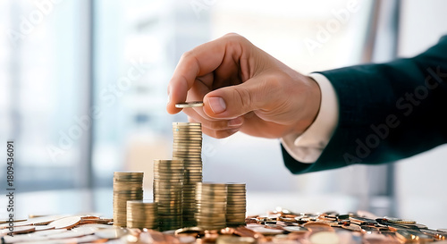 Professional investor building wealth with strategic coin stacking, securing financial future with savings and investment growth in modern finance