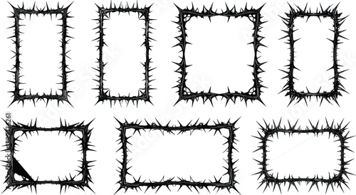 Spiky thorn frame vector collection featuring sharp decorative borders, gothic grunge design elements, black silhouette outlines, isolated edgy shapes for dark themed artwork