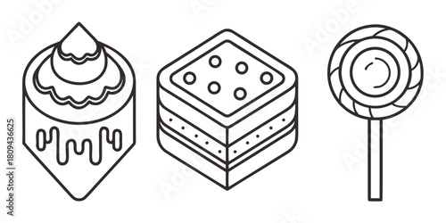 Three isometric line art drawings of a cupcake, a biscuit sandwich, and a lollipop.