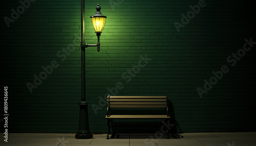 Quiet evening scene with a bench under a warm street lamp against a deep green brick wall, perfect for contemplative urban storytelling and serene atmosphere
