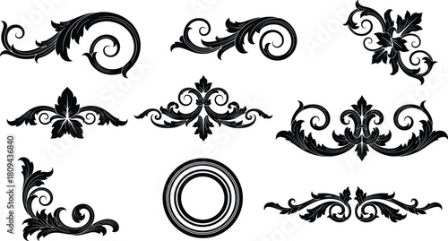 Vintage floral ornament set, black vector flourish collection, decorative swirly border elements, elegant corner filigree design, retro baroque text divider illustration.