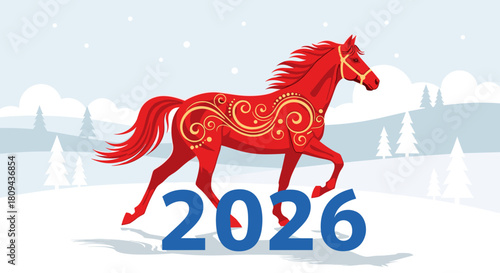 Red decorative horse symbolizing New Year 2026 in winter landscape,   for festive wishes and marketing materials