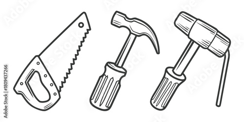 A hand saw, claw hammer, and rubber mallet are shown in this illustration.