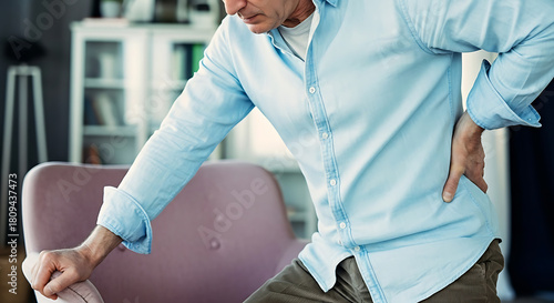 Mature man experiencing lower back pain at home, seeking relief and comfort in a bright, modern living room - health and wellness concept