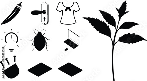 Collection of simple black and white icons and illustrations on a white background