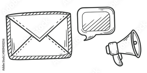 An envelope, a speech bubble, and a megaphone are drawn in a simple line art style.