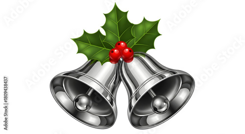 Tableau sur toile Silver christmas bells with holly isolated on transparent background for decorat