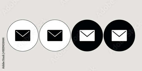 Four stylized envelopes in black and white ovals on a light background