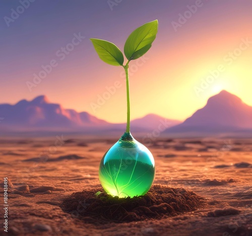 A single glowing green fuel drop touching soil and sprouting a tiny plant