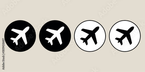Four airplane icons in black and white oval shapes