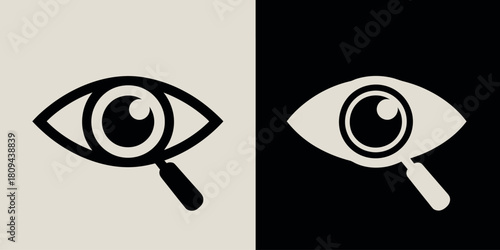 Stylized eye and magnifying glass icon in black and white