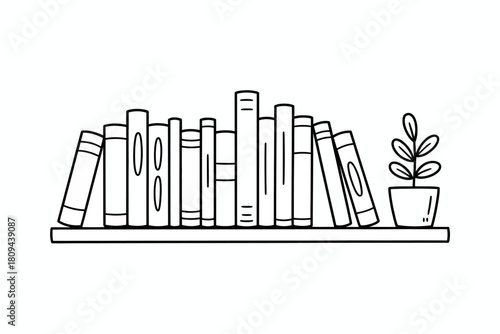 Hand drawn illustration of a bookshelf filled with books and a small potted plant