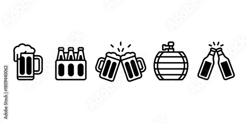 Collection of simple black and white line art icons representing beer and celebration