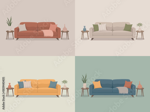 Four different sofas in various colors and room settings
