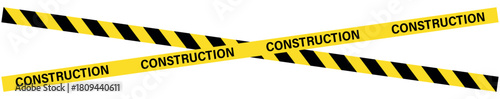 Intersecting construction tapes with black stripes and the word construction on a white background